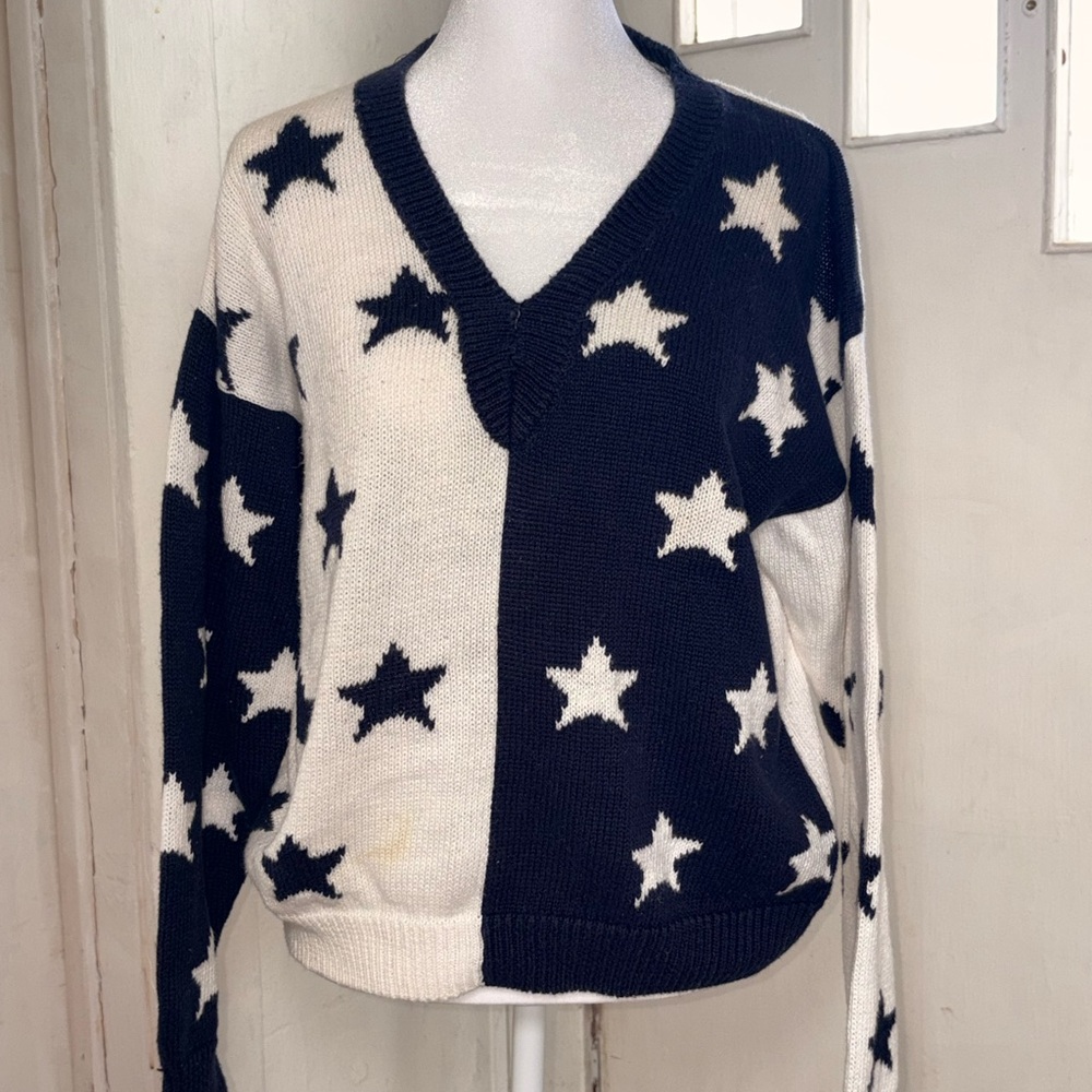 Paris Sport Club Star Knit Sweater Colorblock V-Neck Cozy Preppy Streetwear M